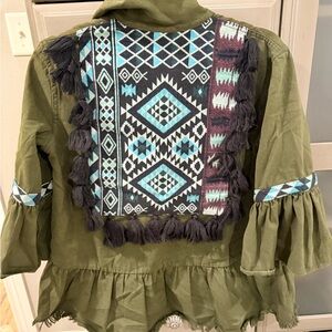 Anthropologie Beautiful Stories Inika Aztec Peplum Jacket Olive Green small